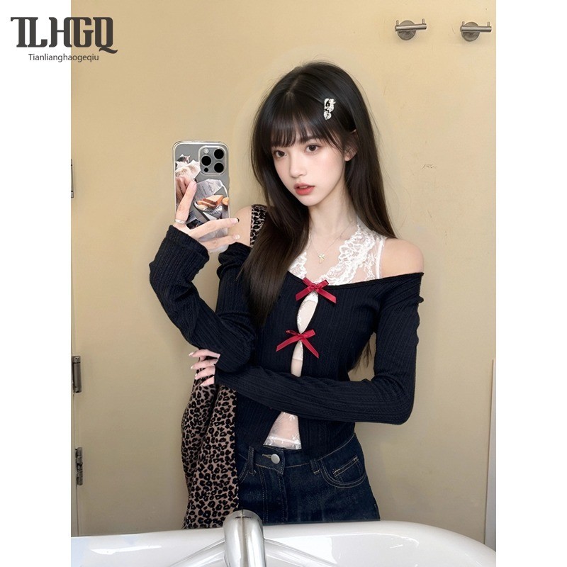 Tian-lianhaogeqiu เสื้อถักผู้หญิง + ชั้น Pure Desire Hottie เสื้อกั๊กลูกไม้ Hollowed Out Bowknot Skinny แขนยาวด้านบน