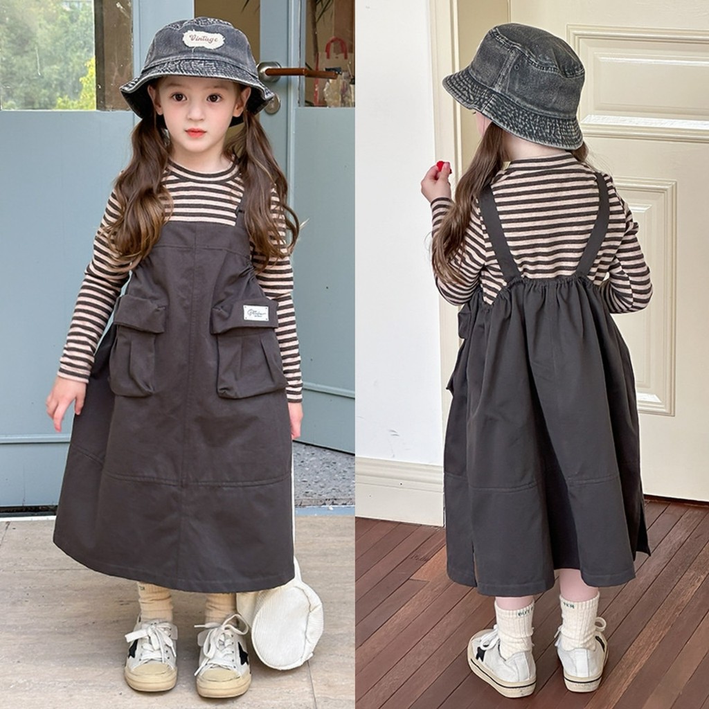 PRETTY BABY พร้อมส่ง เอี๊ยมกระโปรงเด็กผู้หญิง เสื้อแขนยาวลายขวาง แฟชั่นเด็ก (งานแยกชิ้น)(1381)