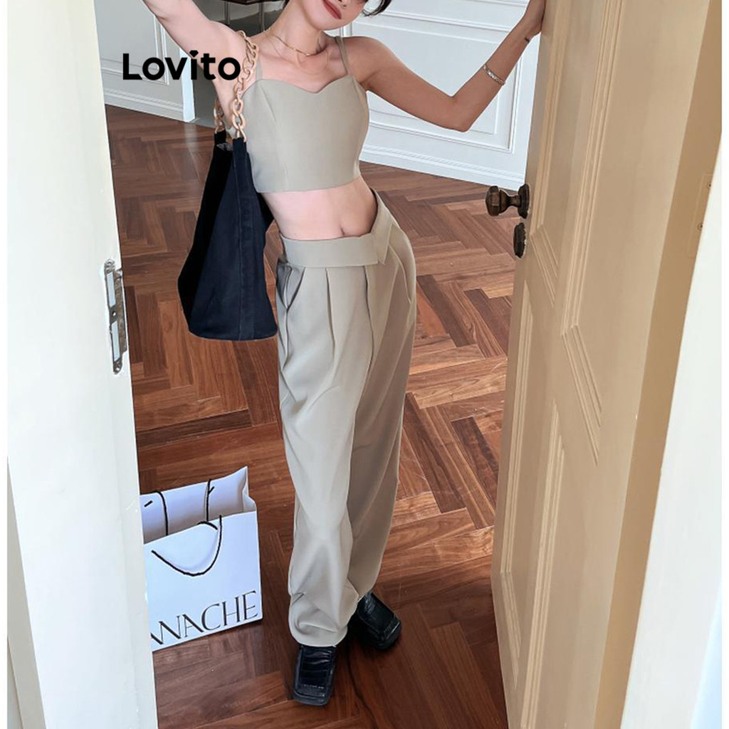 Lovito ชุดเซทกางเกงขายาวผู้หญิง จับจีบ สีพื้น สไตล์ลำลอง LNE62472