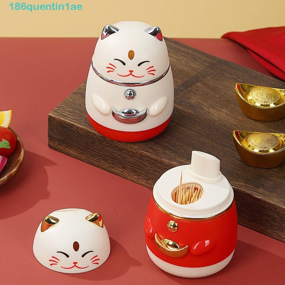 Qhentin1ae Lucky Cat กล่องไม้จิ้มฟัน,กดออกแบบพลาสติกไม้จิ้มฟัน,ตกแต่งโต๊ะฝุ่นสไตล์จีนผู้ถือไม้จิ้มฟันห้องรับประทานอาหาร