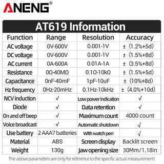 Aneng At619 Clamp Meter Ac Current Voice Broadcast Multimeter Ammeter Voltage Tester Car Amp Hz Capacitance Ncv Ohm Tools Others