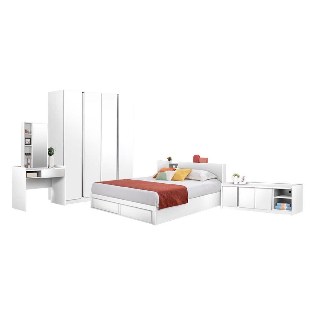 SB Design Square ชุดห้องนอน ขนาด 5 ฟุต รุ่น Melda  พร้อมชั้นวางทีวี 160 ซม. สีขาว  แบรนด์ KONCEPT FURNITURE