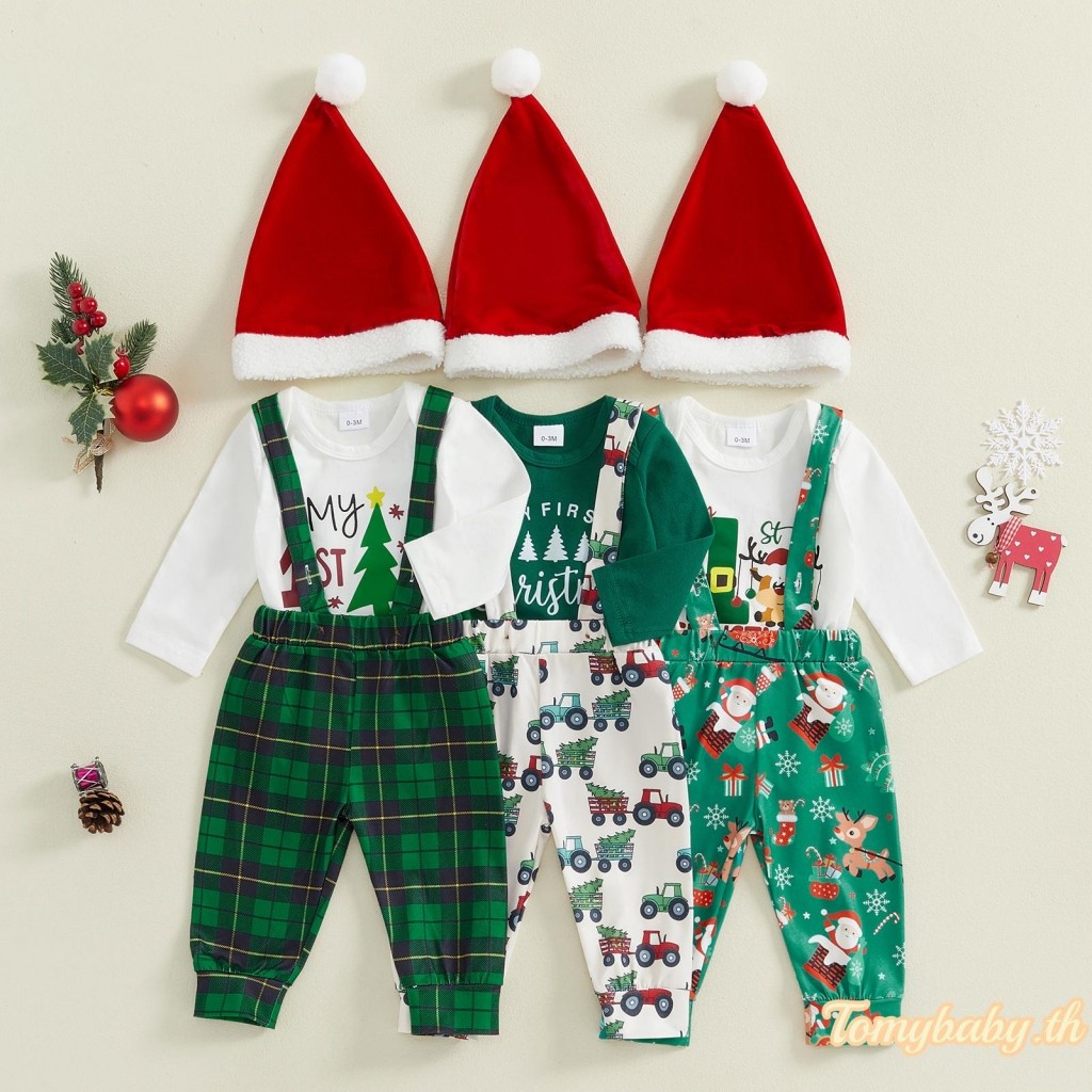 Tomybaby-เด็กทารกชุดคริสต์มาสแขนยาวจุดพิมพ์ผูกโบว์romper + กางเกงโดยรวม + ชุดหมวก
