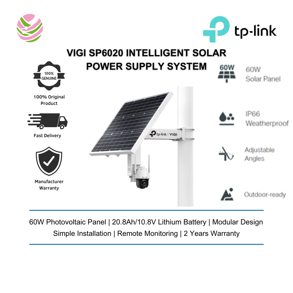 TP-Link Vigi SP6020 ระบบจ่ายไฟพลังงานแสงอาทิตย์อัจฉริยะพร้อมแผงโซลาร์เซลล์ 60W และแบตเตอรี่ลิเธียม 2
