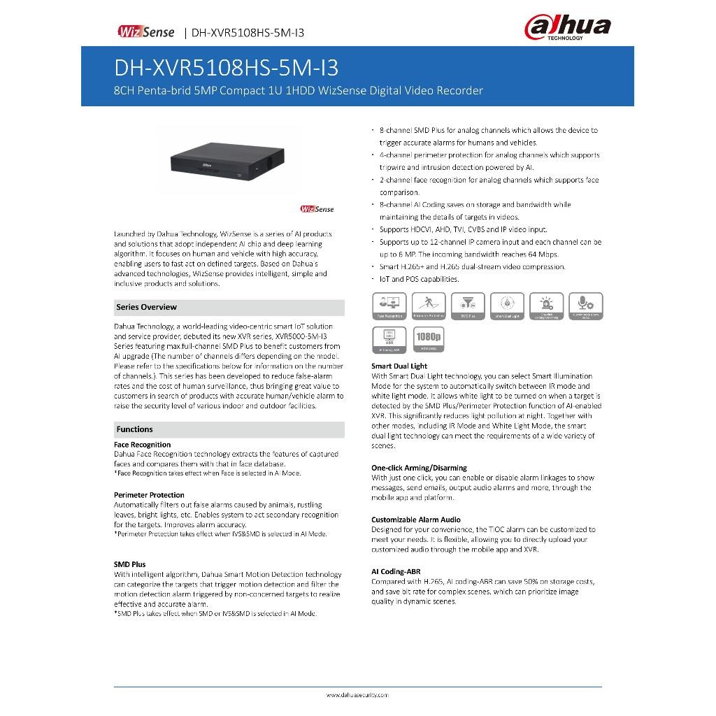 Dahua เครื่องบันทึกกล้องวงจรปิด  8ช่อง รุ่น DH-XVR5108HS-5M-I3 รองรับทุกระบบ รองรับการบันทึกภาพ HD สูงสุด 5MP