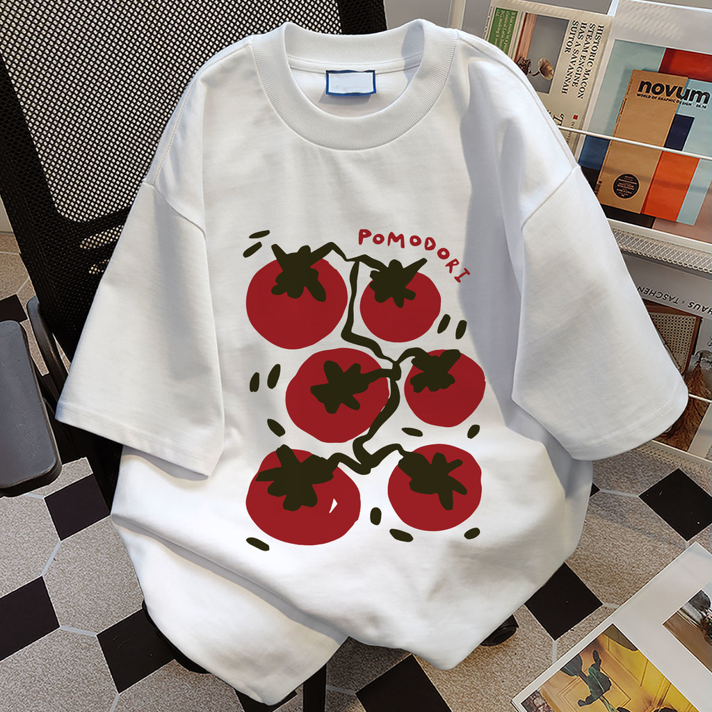 (จัดส่งตลอด 24 ชั่วโมง)Woo Right แฟชั่นเกาหลีรุ่นคอเล็กแขนสั้นเสื้อยืดหลวมพิมพ์ผลไม้แฟชั่นที่เรียบง่าย