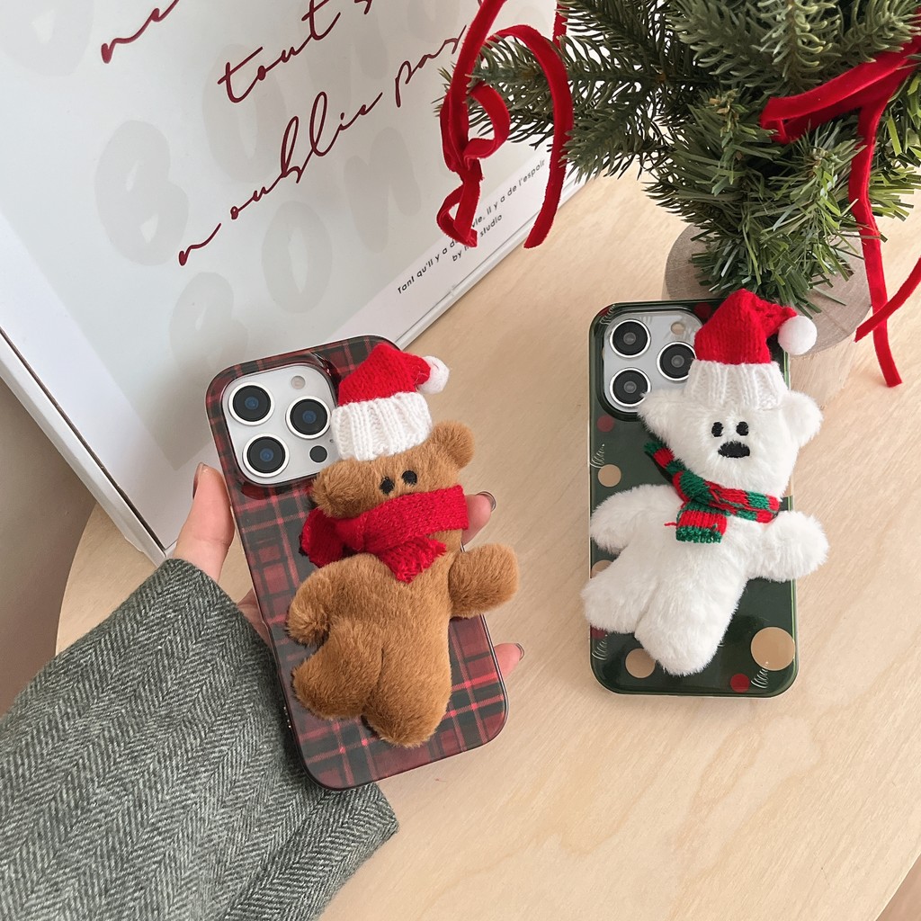 ลายสก๊อตคริสต์มาส Plush Teddy Bear Jacket เชือกยาว TPU สําหรับ Apple iPhone 16 15 14 13 Pro Max เคสกันกระแทก