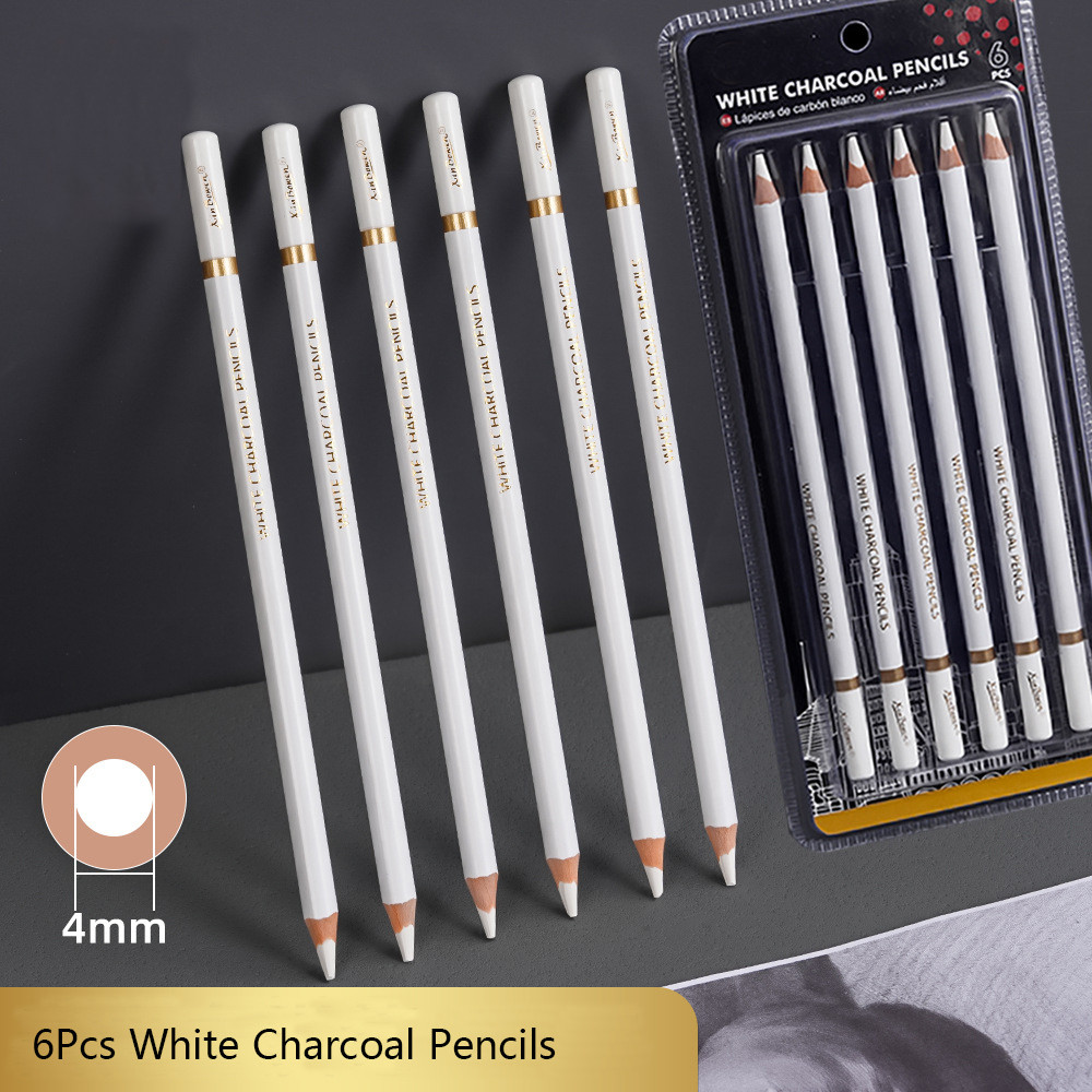 Ossayi Professional 6 ชิ้นชุดดินสอถ่านสีขาว-ร่างไฮไลท์ดินสอสีขาวสําหรับการวาดภาพ,ร่าง,แรเงา,ผสม,ดินสอชอล์กสีขาวสําหรับผู้เริ่มต้นและศิลปิน