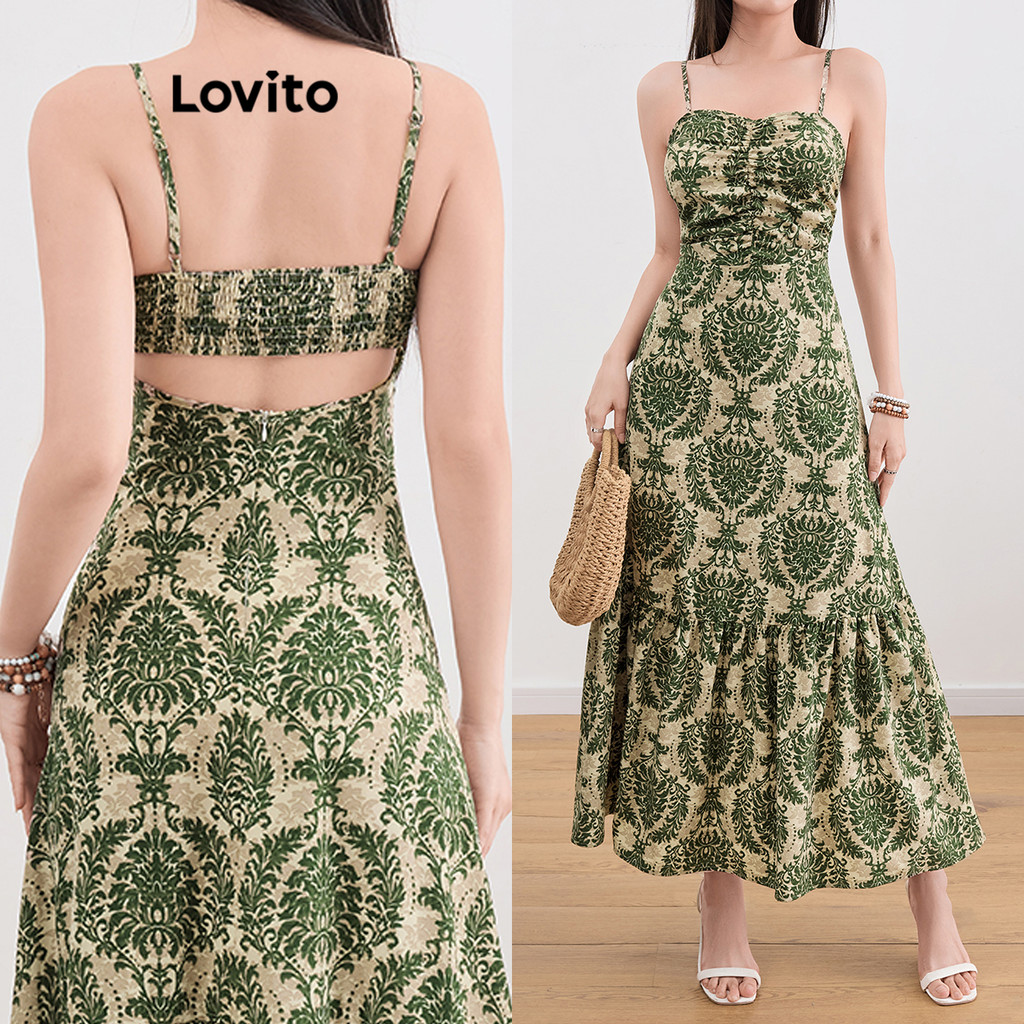 Lovito ชุดเดรสโบฮีเมียนผ้าเพสลีย์ชายระบายจีบสำหรับผู้หญิง L109MD122