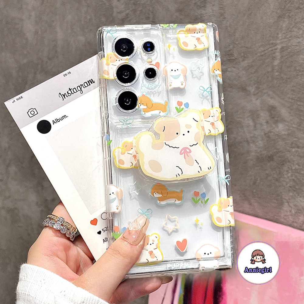SAMSUNG การ์ตูนลูกสุนัขยืนผู้ถือเคสโทรศัพท์ใสสําหรับsamsung S25 S24 Ultra S23 Plus S22 S20 FE A71 A54 A53 A52S A12/M12 A04 A23 กันกระแทกนุ่มTPUโทรศัพท์ปกหลัง