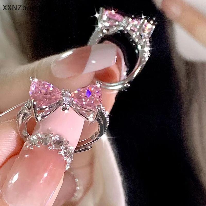 Xnz เจ้าหญิงน่ารักสีชมพูแหวนปรับ Bowknot แหวนหวาน Ins สไตล์แหวนเพชรเครื่องประดับสําหรับผู้หญิงของขวัญวันเกิดอุปกรณ์เสริม MHF