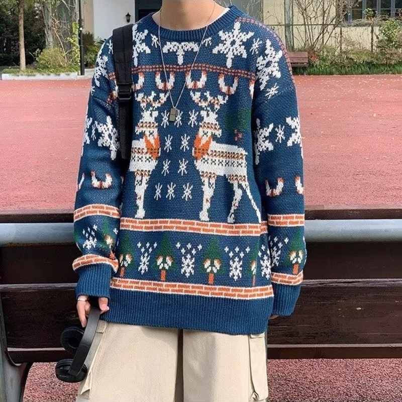ฤดูใบไม้ร่วงฤดูหนาวย้อนยุคคริสต์มาสกวางแดงคู่หลวมขี้เกียจถักเสื้อกันหนาว