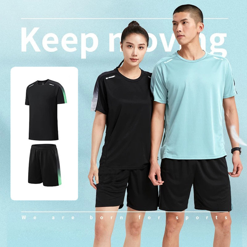 ชุดกีฬา ผู้ชาย เนื้อผ้าดี ซับเหงื่อ เบาสบายระบายอากาศ พร้อมเสื้อยืด+กางเกงขาสั้น Run