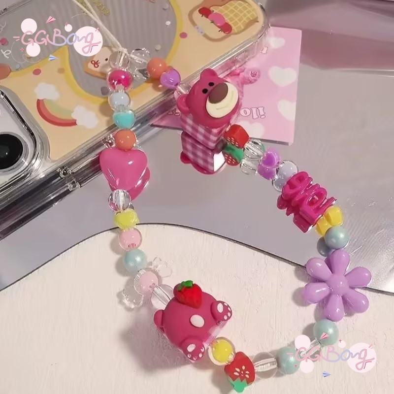สีสันสดใสหมีสร้อยข้อมือของลอตโซ่หัวใจดอกไม้ลูกปัด ที่แขวนโทรศัพท์แหวนสายคล้องความคิดสร้างสรรค์โซ่โทรศัพท์มือถือ
