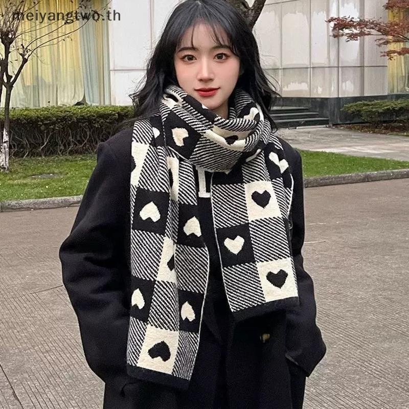 Meiyangtwo.th Love Checkerboard ผ้าพันคอข้าวเหนียวนุ่มสําหรับผู้หญิงในฤดูใบไม้ร่วงและฤดูหนาวหนาผ้าพันคออุ่นญี่ปุ่น Star ถักผ้าคลุมไหล่ใหม่