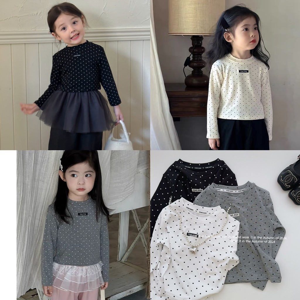 PRETTY BABY พร้อมส่ง เสื้อแขนยาวเด็กผู้หญิง เสื้อยืดแขนยาว ลายจุด ปักโลโก้min min (1404)