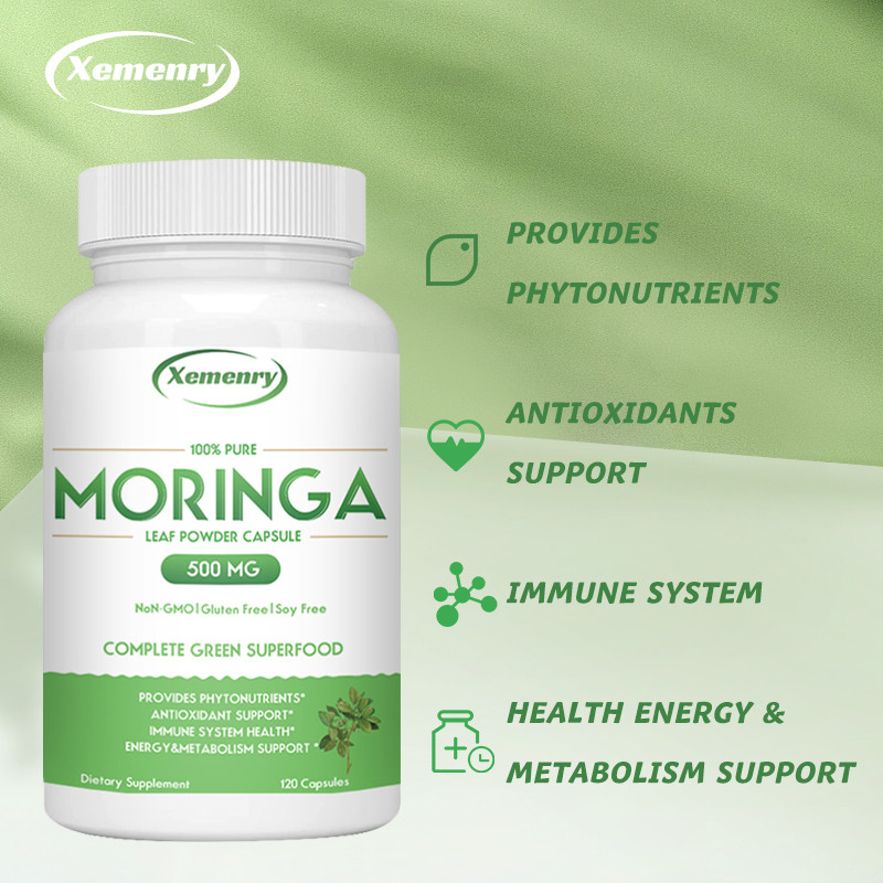 Xemenry Moringa Powder Capsules - ผงมะรุมอุดมสมบูรณ์ 1000 มก. - สารต้านอนุมูลอิสระสีเขียวธรรมชาติ - รองรับพลังงาน สุขภาพผิว Gut Health 30/60/120 แคปซูล