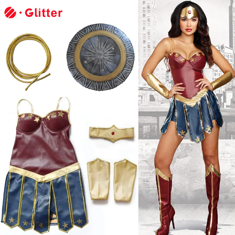Wonder Woman เครื่องแต่งกายสําหรับผู้ใหญ่ผู้หญิง DC Superhero Diana Prince Coplay หนัง PU ชุดแถบคาดศีรษะเสื้อผ้าปาร์ตี้ฮาโลวีน