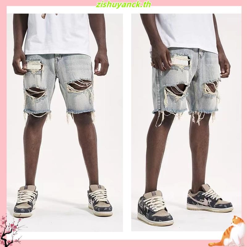 Fog AMIRI กางเกงยีนขาสั้น แต่งรอยขาด ขนาดใหญ่ สไตล์ยุโรป และอเมริกา สําหรับผู้ชาย