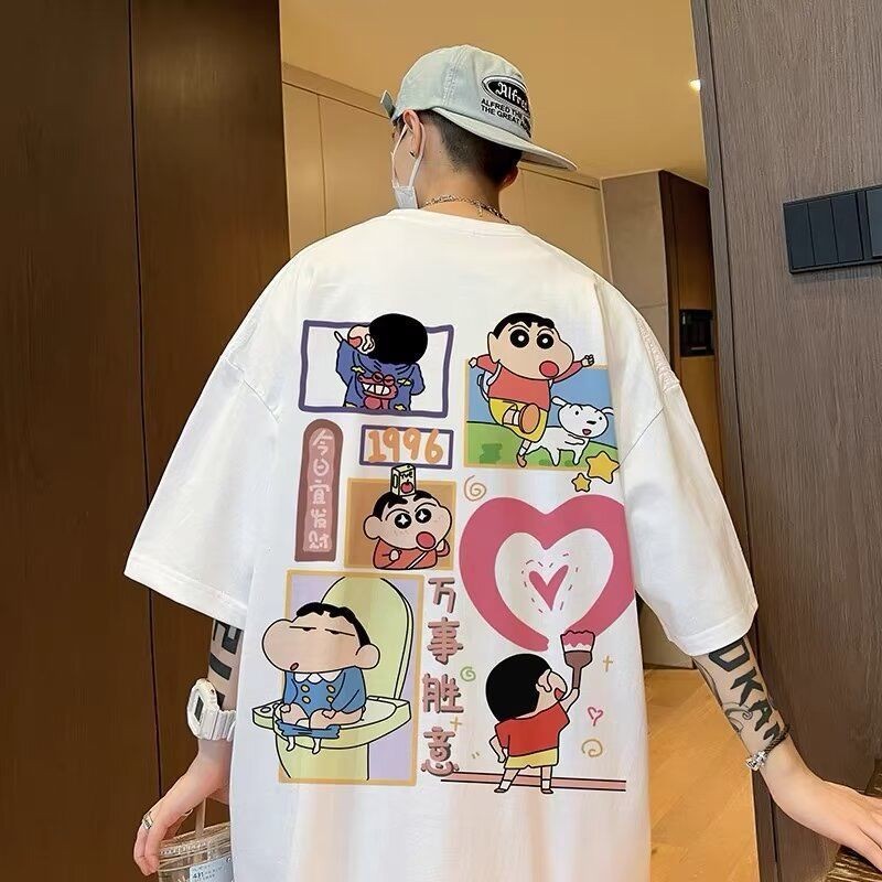 การ์ตูนหนักแขนสั้นฤดูร้อนอินเทรนด์ออกแบบคู่เสื้อยืดหลวมครึ่ง @-
