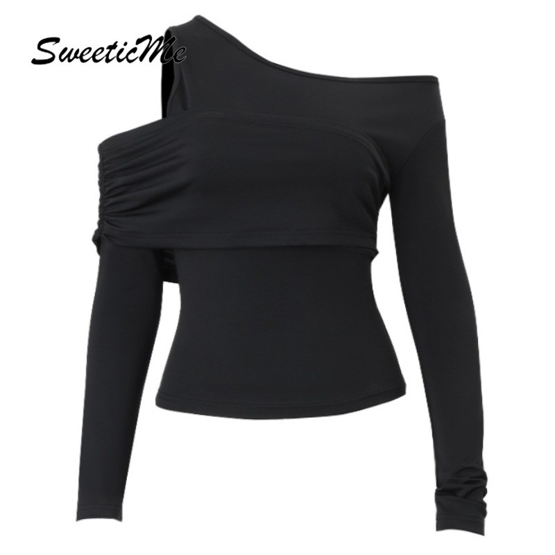 Sweeticme เสื้อสตรี 2025 ใหม่แฟชั่นสีทึบแขนยาว Slim Fit เสื้อยืดไม่สมมาตร