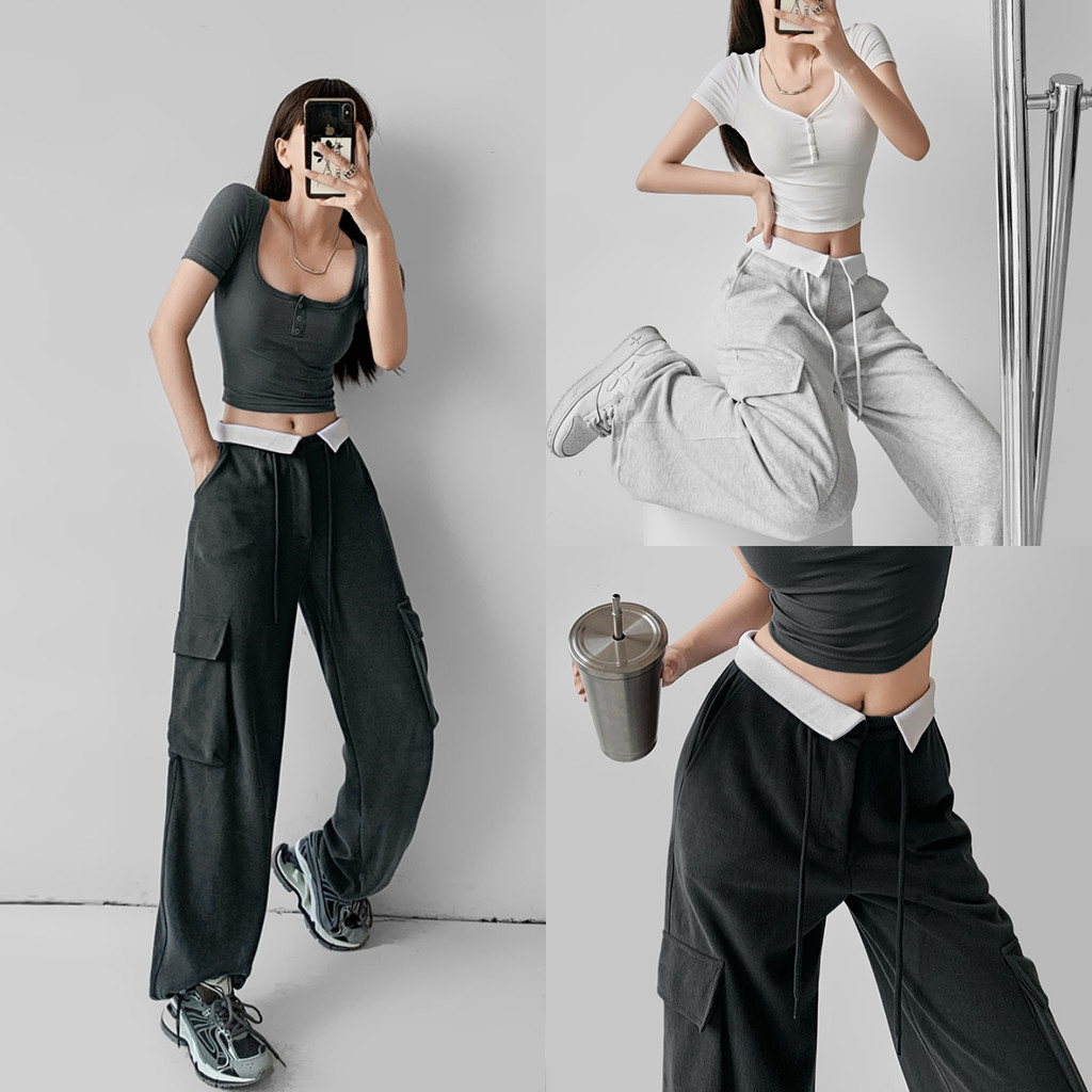 Beryl กางเกงขายาวทรงตรงกระเป๋าลำลองแนววินเทจกางเกงหลวมเอวสูงใส่แล้วดูผอมเพรียวสำหรับผู้หญิง