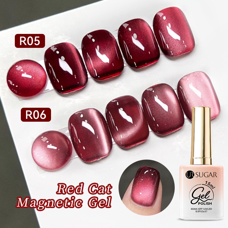 Ur SUGAR 15ml Cat Magnetic Nail Gel Polish Sparkling Red Glitter กึ่งถาวร Soak Off UV Gel