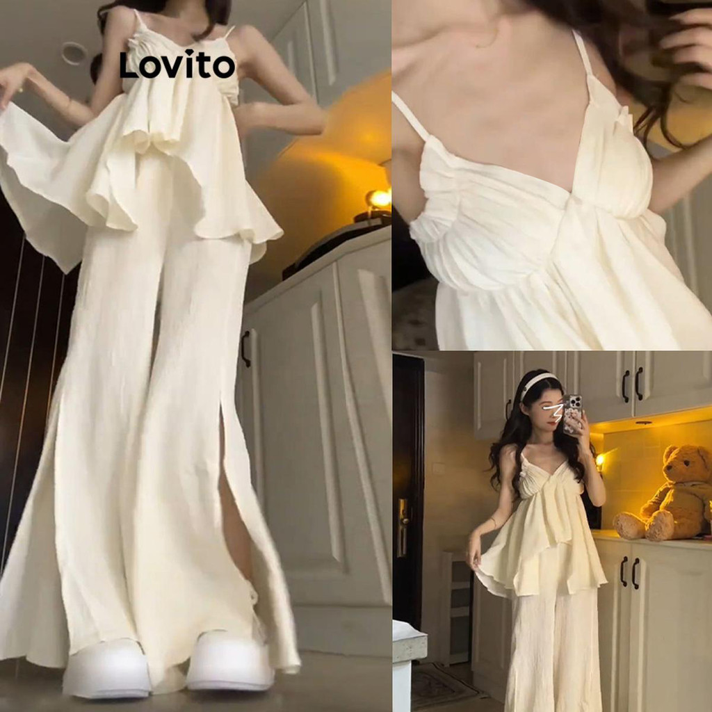 Lovito ชุดเซ็ทกางเกง ชายระบาย สีพื้น สไตล์ลำลอง สำหรับผู้หญิง LNA55071