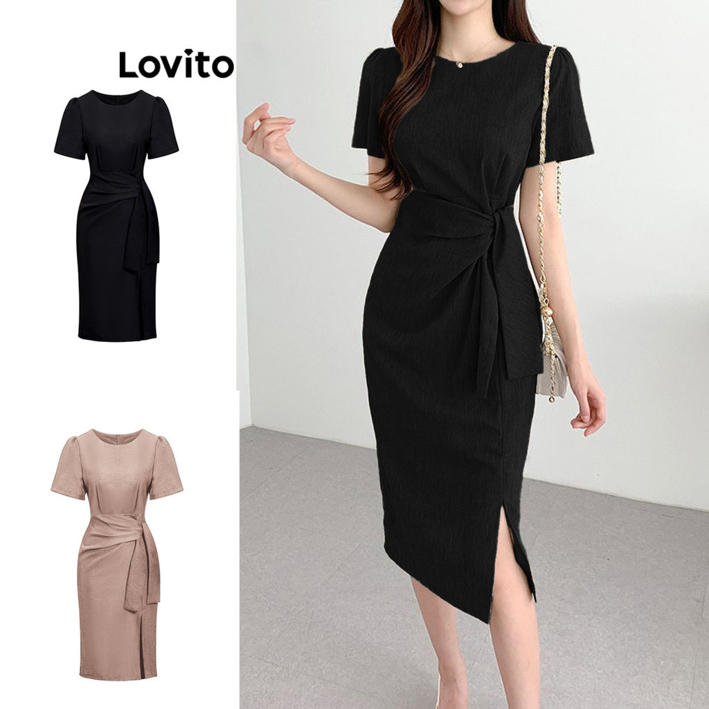 Lovito ชุดเดรสผู้หญิง แต่งปม แบบผ่าหน้า สีพื้น สไตล์ลำลอง L80ED307(หลากสี)