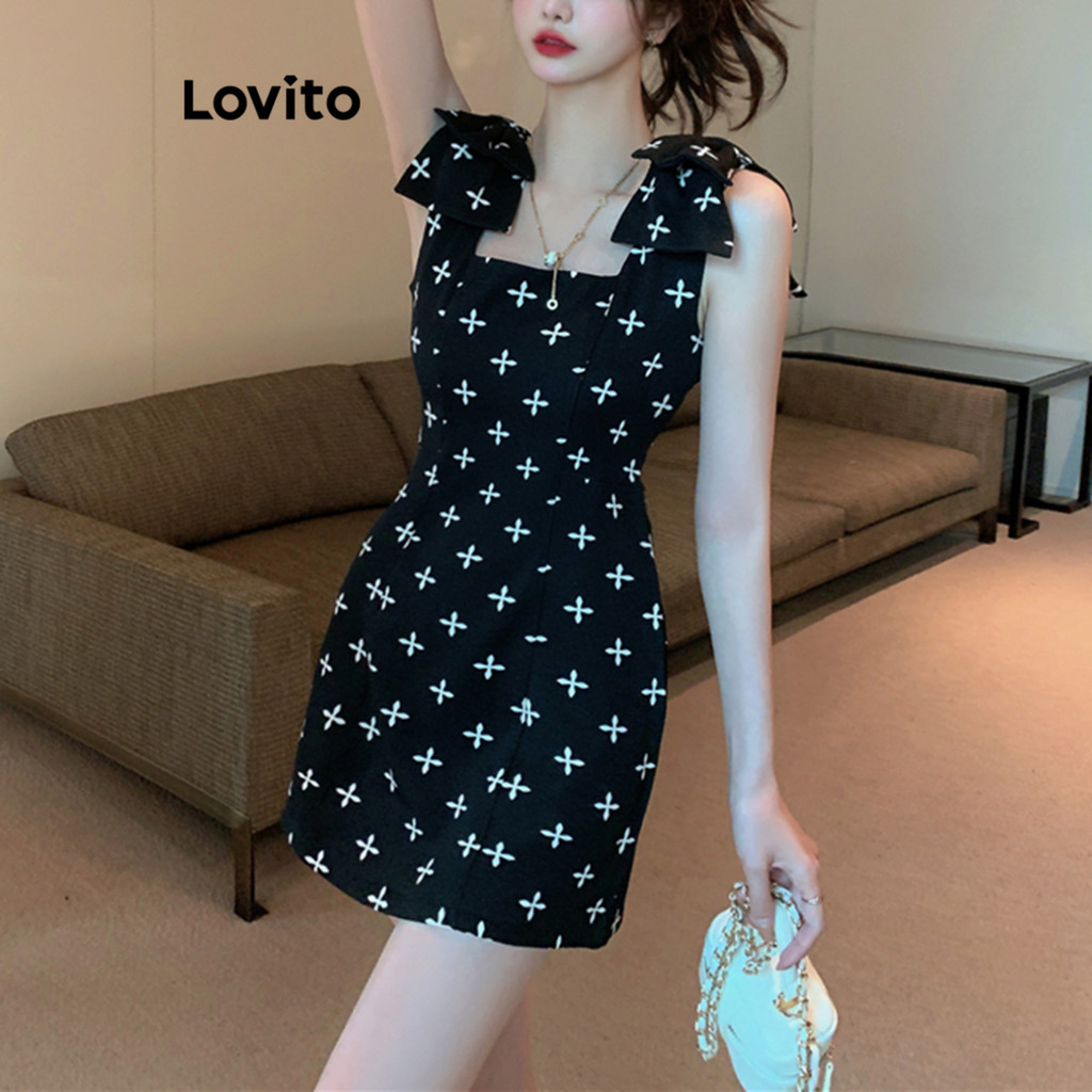 Lovito ชุดเดรสผู้หญิง แต่งโบว์ ลายเรขาคณิต สไตล์ลำลอง LNE62394