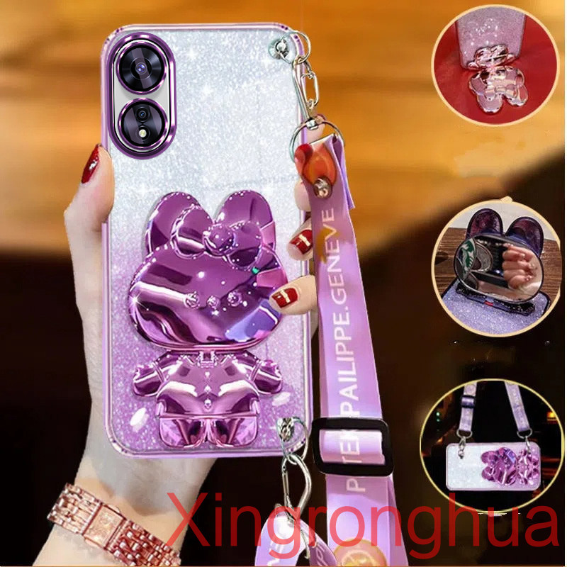 เคสโทรศัพท์สําหรับoppo A18 A38 A98 A17 A17K A58 A78 A77S A77 4G 5G A96 A95 A57 A76 A74 4G 5G 2022 หรูหราโปร่งใส 3DRabbit Bracketกระจกเครื่องสําอางCrossbodyเคสโทรศัพท์