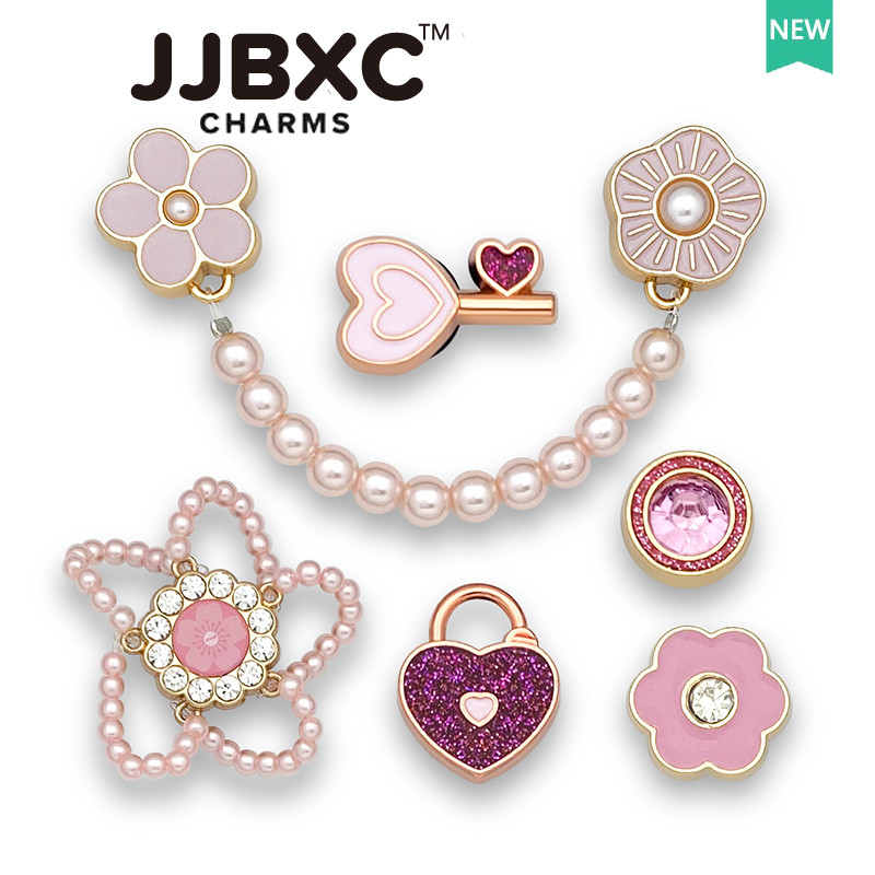 JJBXC ตัวติดรองเท้า charm โซ่ซากุระ หัวใจสีชมพู โลหะ ดีไซน์หรู แฟชั่น ตกแต่งรองเท้า อุปกรณ์ตกแต่งรองเท้า