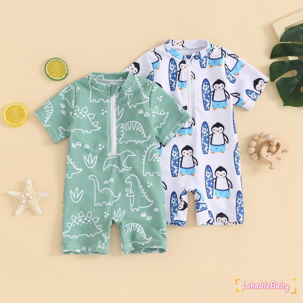 เด็กทารก tiddings ไดโนเสาร์พิมพ์ครึ่งซิปขึ้นรอบคอแขนสั้น Rash Guard ชุดว่ายน้ํา