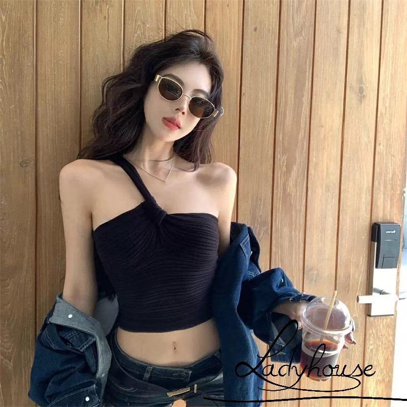 LDD - เสื้อแขนกุดถักไม่สมมาตร สไตล์ slim-fit สำหรับผู้หญิง ดีไซน์ knot twist
