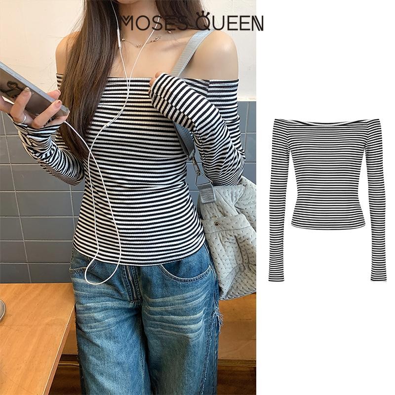< MOSESQUEEN >ลายม้าลาย, ลายทาง, ทุกคนความต้องการเสื้อยืดผู้หญิงฤดูใบไม้ร่วงและฤดูหนาว Ins เซ็กซี่ปิดไหล่อารมณ์อเนกประสงค์ด้านบน #62802-62841