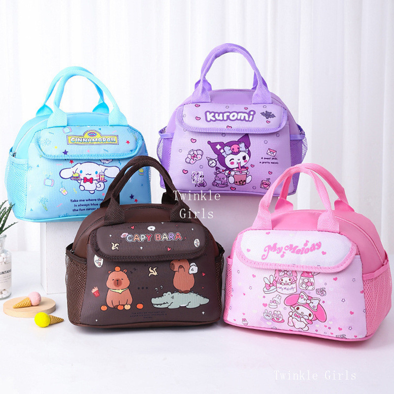 Kuromi Cinnamoroll ถุงอาหารกลางวันเก็บความร้อนสำหรับเด็กความจุขนาดใหญ่กันน้ำถุงอาหารกลางวันนักเรียน capybara Pikachu Hello Kitty Melody กล่องอาหารนักเรียนถุงฉนวนกันความร้อนโรงเรียนเปิดถุงอาหารกลางวัน