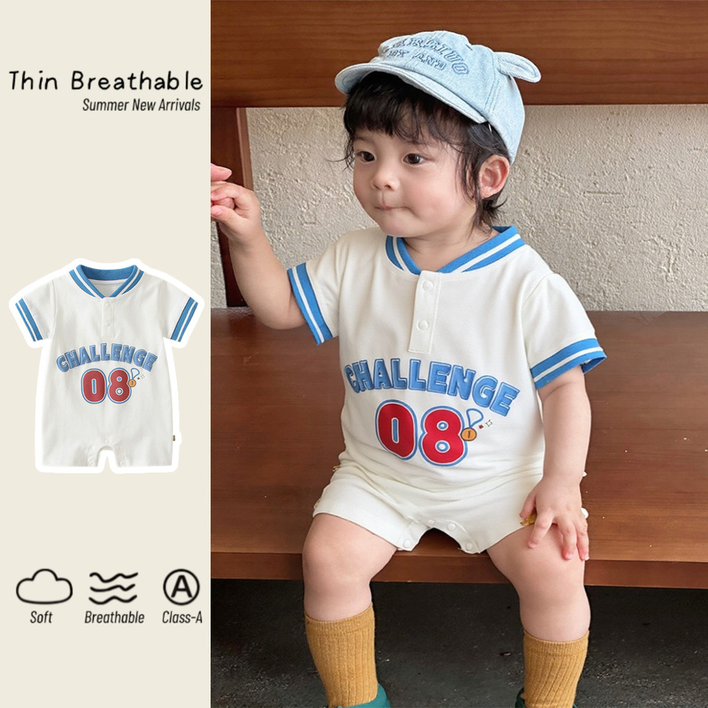 ฤดูร้อนใหม่เสื้อผ้าเด็กชายและหญิงแขนสั้นกีฬาบอดี้สูท 0-24 เดือนบางง่ายตัวอักษร สุด ๆ หล่อ ชุดรอมเปอร์ วันเกิด & บัพติศ