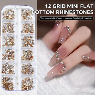 เล็บตกแต่งเล็บคริสตัล Rhinestone เพชร DIY สติกเกอร์เล็บ Mini ด้านล่างแบนที่มีสีสัน 12 กริด 1080 ชิ้น KOUDAN