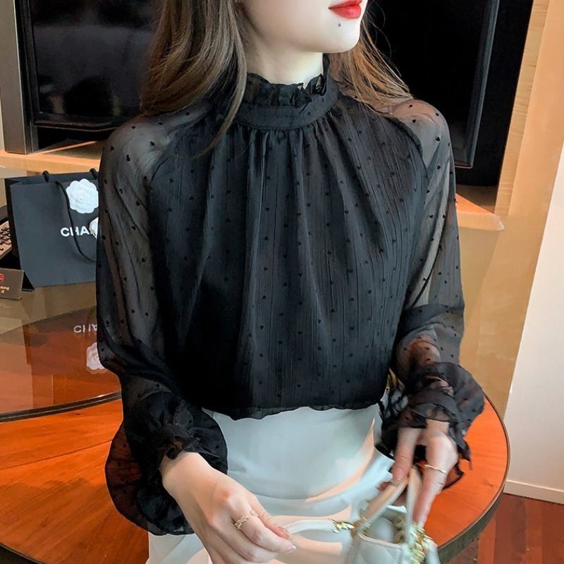 ฝรั่งเศสฤดูใบไม้ผลิฤดูใบไม้ร่วงสไตล์ใหม่แฟชั่นยืนขึ้นปกโคมไฟแขนเสื้อชีฟองแฟชั่นที่ดีงามที่เรียบง่ายสบายสบายๆทุกการแข่งขันสุภาพสตรีสีทึบด้านบ