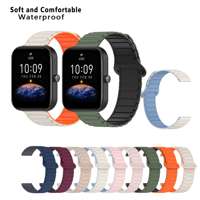 สายรัดซิลิโคนแม่เหล็กกันน้ําขนาด 20 มม. 22 มม. สําหรับ Huami Amazfit Bip 6 / 5 / 3 Pro / Bip5 Unity / Bip SU Lite