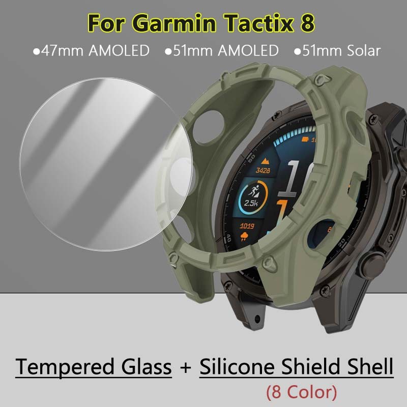 9H กระจกนิรภัย + Soft TPU Shell สําหรับ Garmin Tactix 8 47 มม.51 มม.พลังงานแสงอาทิตย์ AMOLED SmartWatch คลุมทั้งหมดป้องกันหน้าจอฟิล์มซิลิโคนเหลวกันชนโล่กรณี