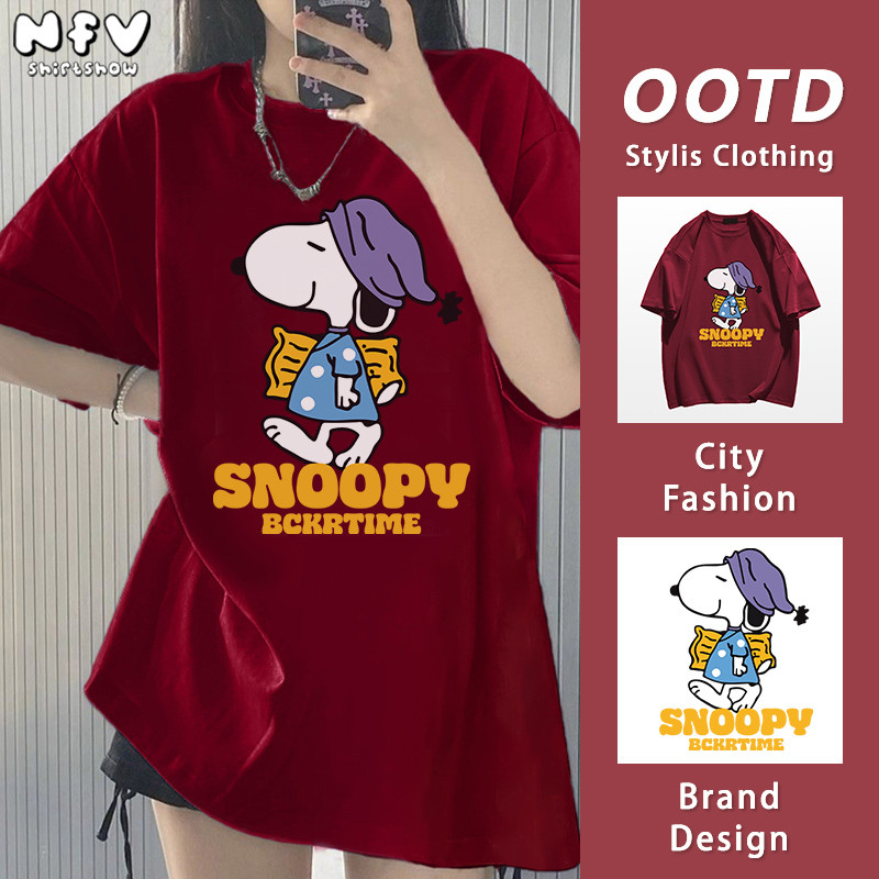 NFV เสื้อยืดแฟชั่นสไตล์เกาหลี ผ้าฝ้าย 100% ลายสนูปปี้ โอเวอร์ไซซ์ เนื้อนุ่ม ใส่สบาย วินเทจ ใส่แล้วดูผอม YG506