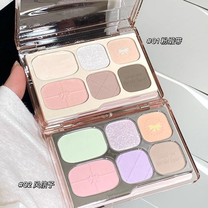 SR-shop: ถาดอายแชโดว์หกสีใบ้เคลือบสีโลกซ่อมแซมไฮกลอสพาเลทอายแชโดว์ในตัวหลากสี สามารถใช้เป็นบลัชออนหรือไฮไลท์เตอร์ได้