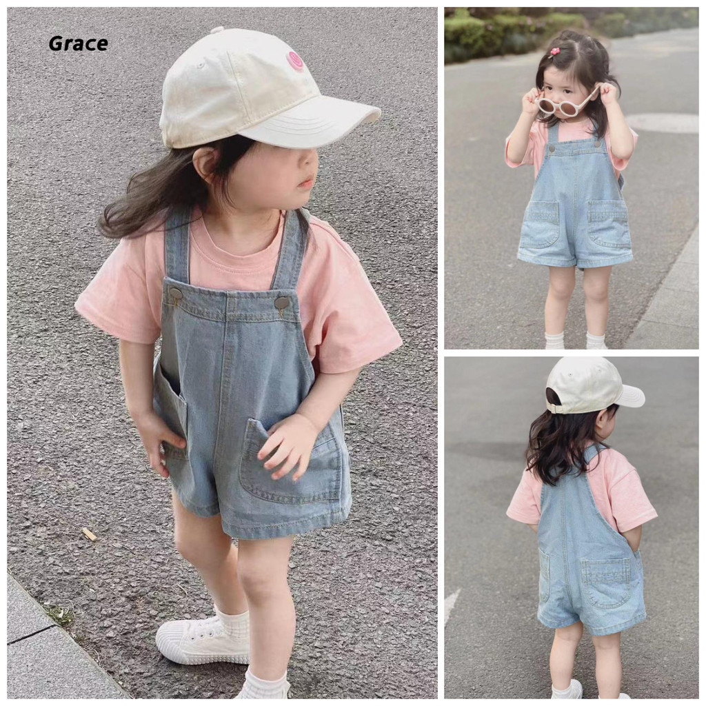[Grace] (Ready Stock) Girls Denim Overalls Shorts 2025 Summer New Style Fashion Shorts Middle Small Children Overalls GR1067 #