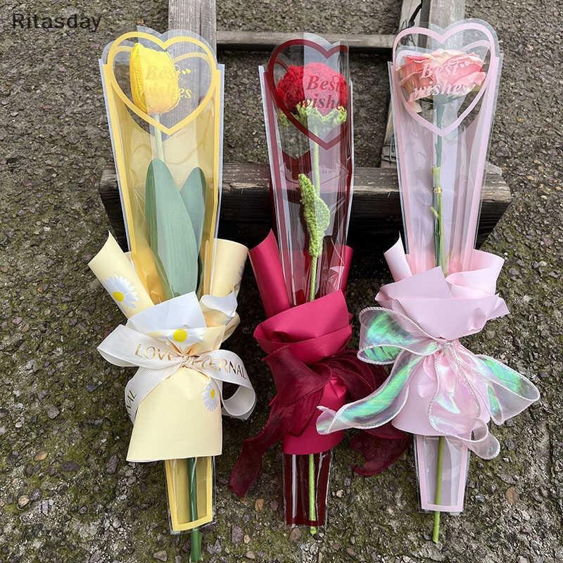 Ritasday 50 ชิ้นเดี่ยว Rose แขนดอกไม้ห่อกระเป๋าช่อดอกไม้ถุงบรรจุภัณฑ์ Clear Cellophane ดอกไม้ Wrappers สําหรับวันวาเลนไทน์ใหม่