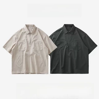 BECOOLMAN-สีล้วน ชุดทำงาน ซิป ผ้าไหมน้ำแข็ง แขนสั้น ชาย แบบหลวม ลำลอง แห้งเร็ว POLOเสื้อ