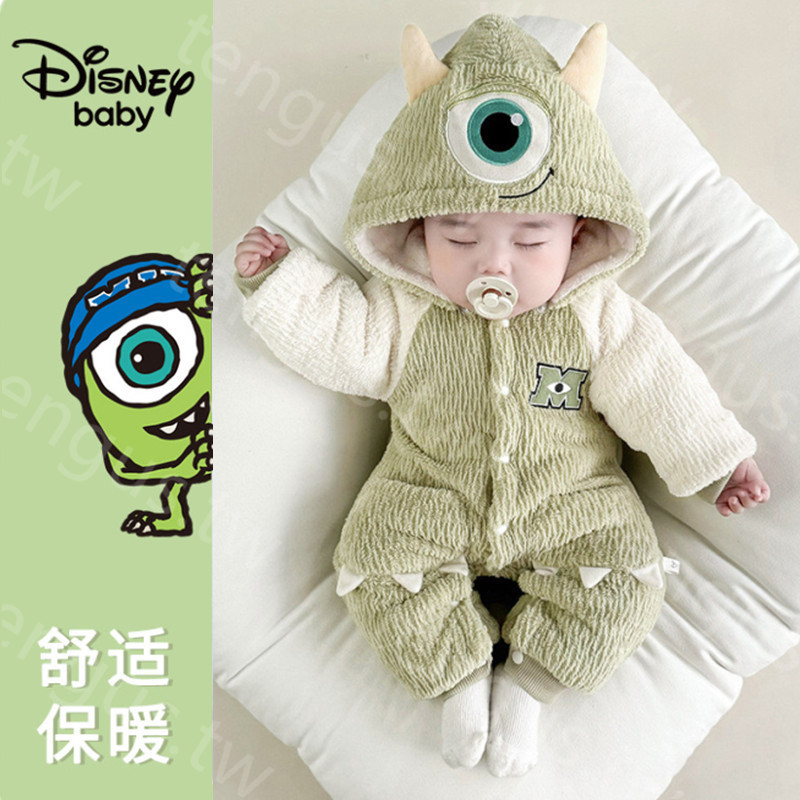 ฤดูใบไม้ร่วงฤดูหนาวรูปแบบใหม่พร้อมสต็อกชายการ์ตูนตาโตน่ารักสวมใส่ด้านนอกหนาอบอุ่นชุดจั๊มสูทเด็กคลุมด้วยผ้าออกนอกบ้านถือเสื้อผ้า
