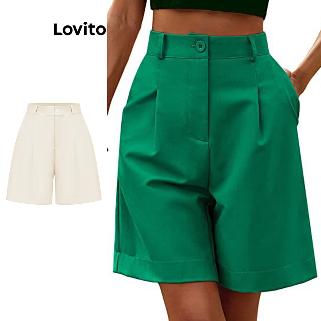 Lovito กางเกงขาสั้นผู้หญิง แต่งจีบ แต่งกระเป๋า สีพื้น สไตล์ลำลอง LNL43146(หลากสี)