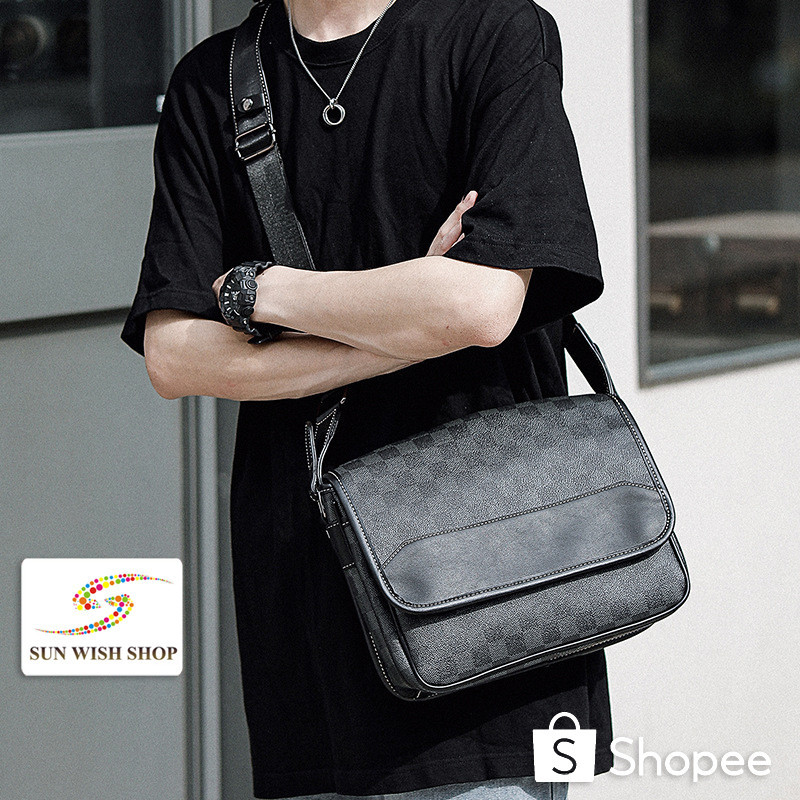 SUNWISH No.XM-3927 2024 10 นิ้วกันน้ําตรวจสอบหนังแฟชั่นผู้ชายกระเป๋าสะพายไหล่กระเป๋าเลื่อน