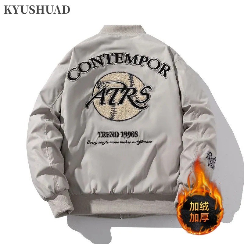 Kyushuad Coat ขนแกะเรียงรายหนาอเมริกันย้อนยุคพิมพ์แฟชั่นแบรนด์หลวมคู่ชุดเบสบอล
